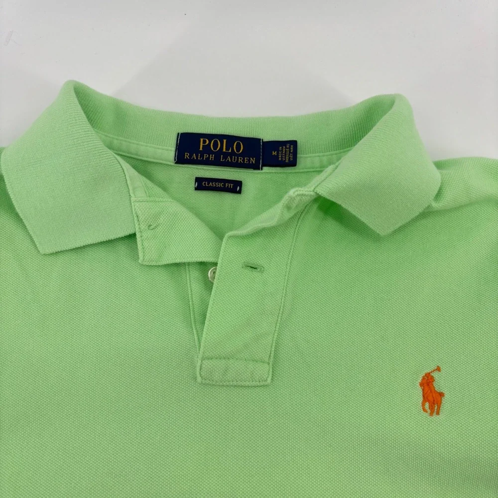 Polo Ralph Lauren Polo Shirt Mens M Green Classic Fit Short Sleeve Orange Pony